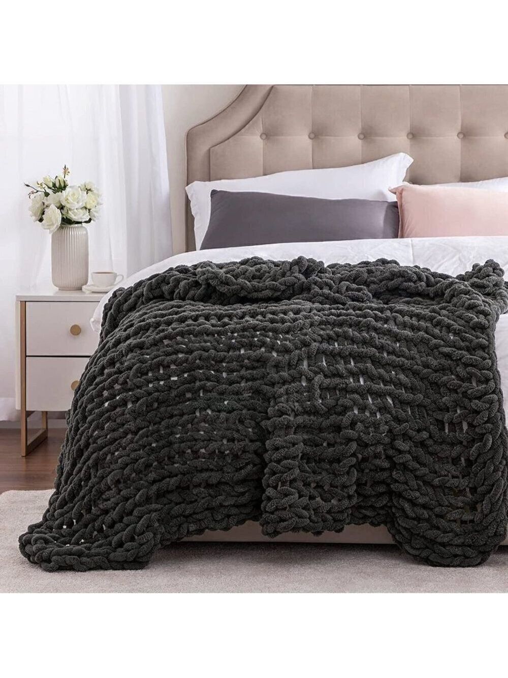 LUXURY Handmade Knitted Yarn Knit Blanket Dark Durable Soft Home Decor Gift NWT